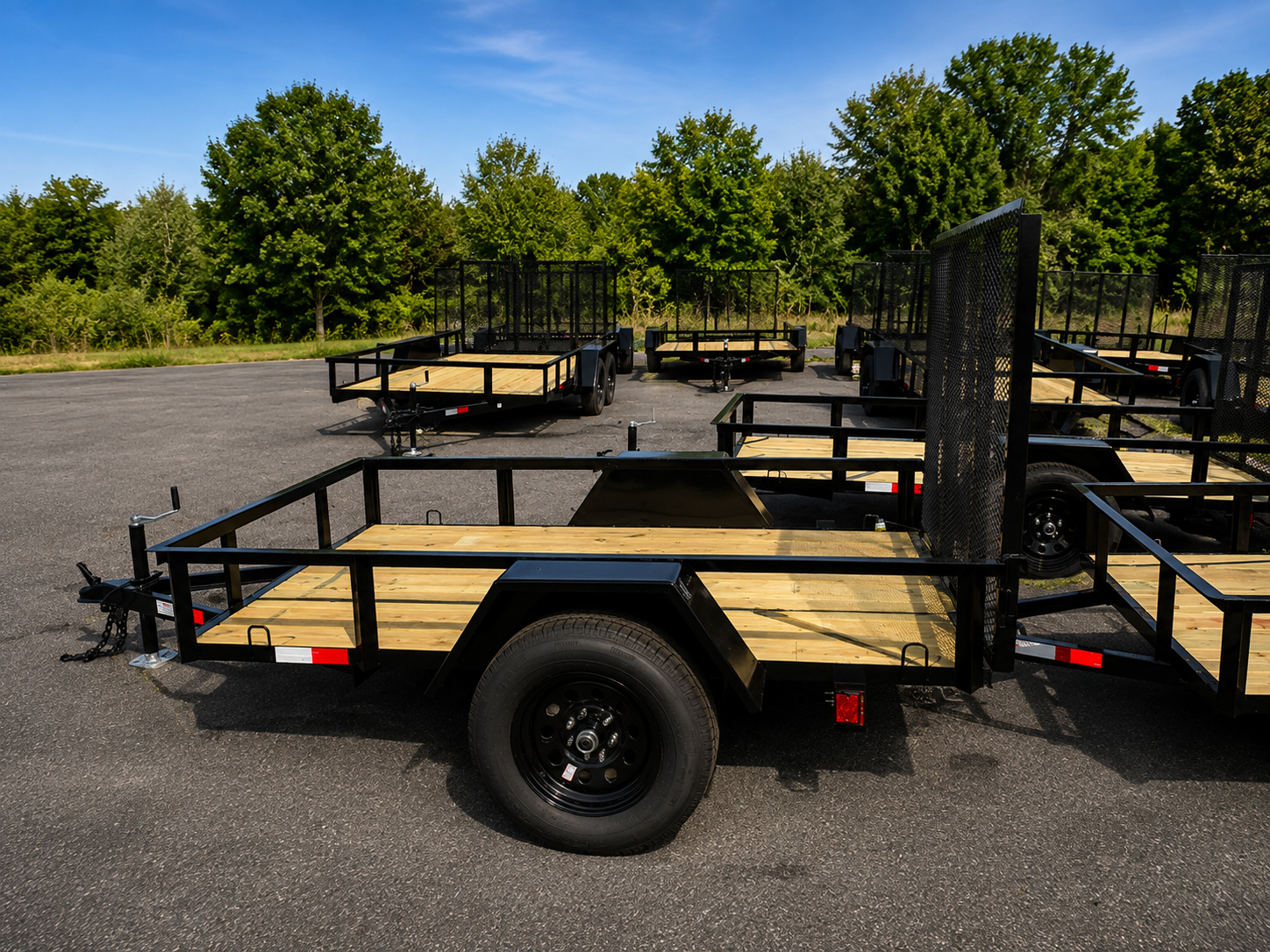Multiple AJ Trailer utility trailers lined up in Madison Trailer Rentals' lot